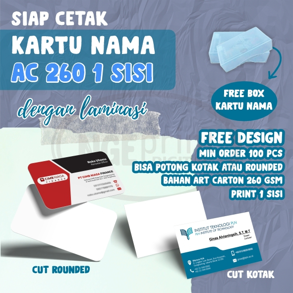 

[POTONG ROUNDED] Kartu Nama 1 Muka / Name Card Murah / Kartu Nama 1 Sisi / Print Business Card Bahan AC 260 / Kartu Nama Laminasi