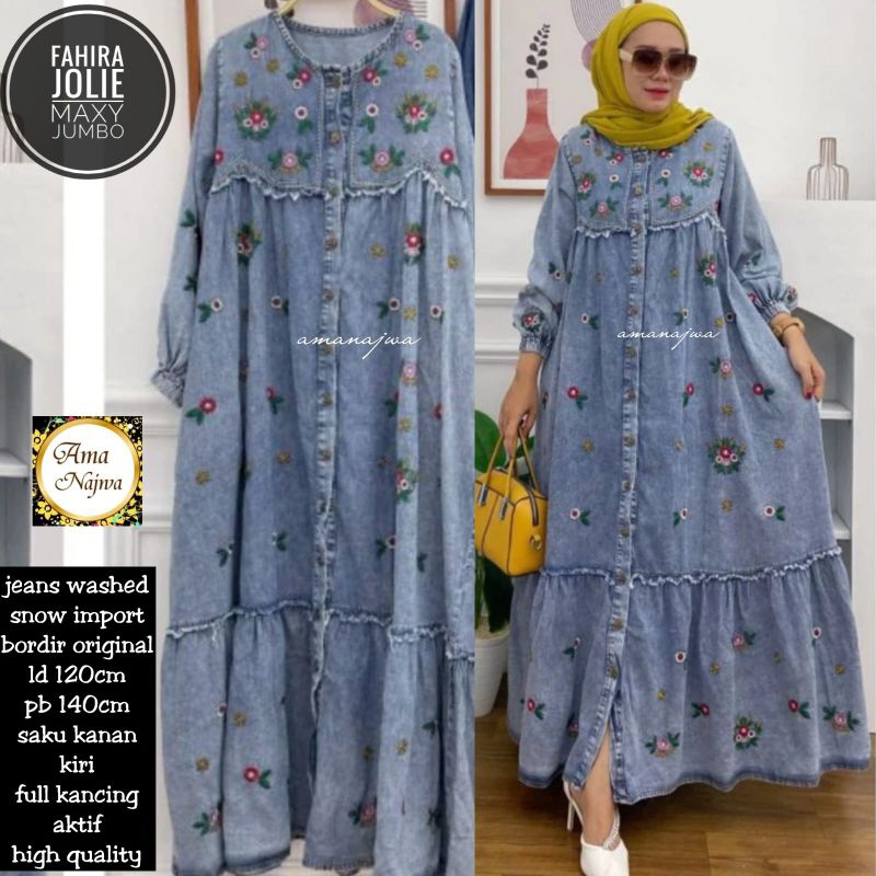 Fahira jolie gamis jeans bordir bunga jumbo LD 120 & 140cm