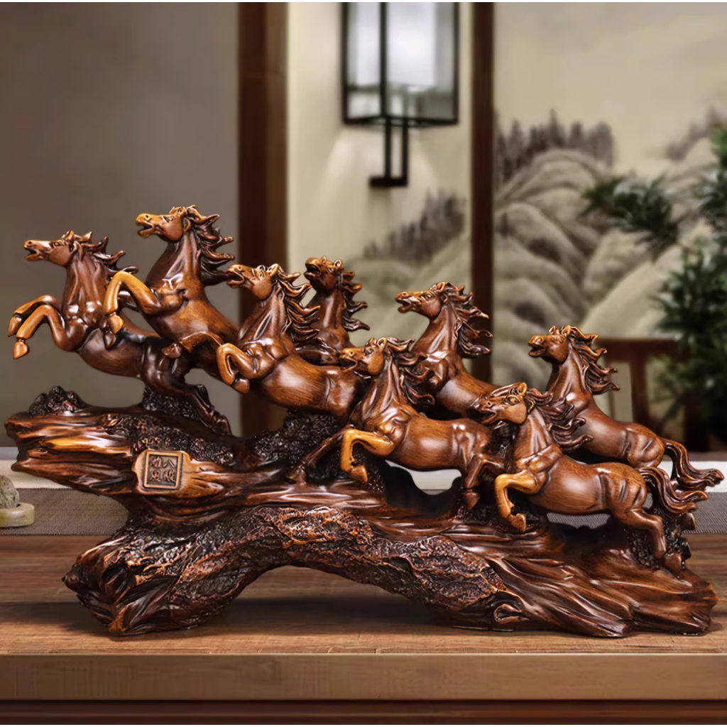 50cm PATUNG 8 KUDA BERLARI MOTIF KAYU BERLARI PAJANGAN PREMIUM 8 KUDA BERLARI