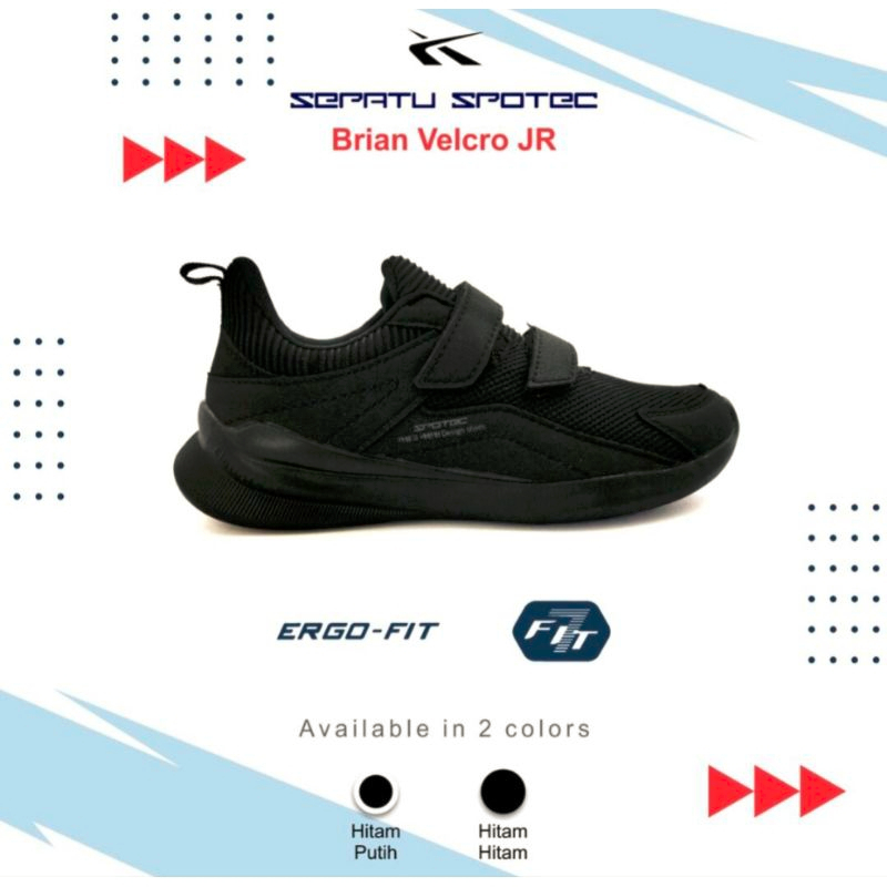 SPOTEC Sepatu Sekolah BRIAN Velcro Jr Hitam Hitam Perekat || Tanpa Tali