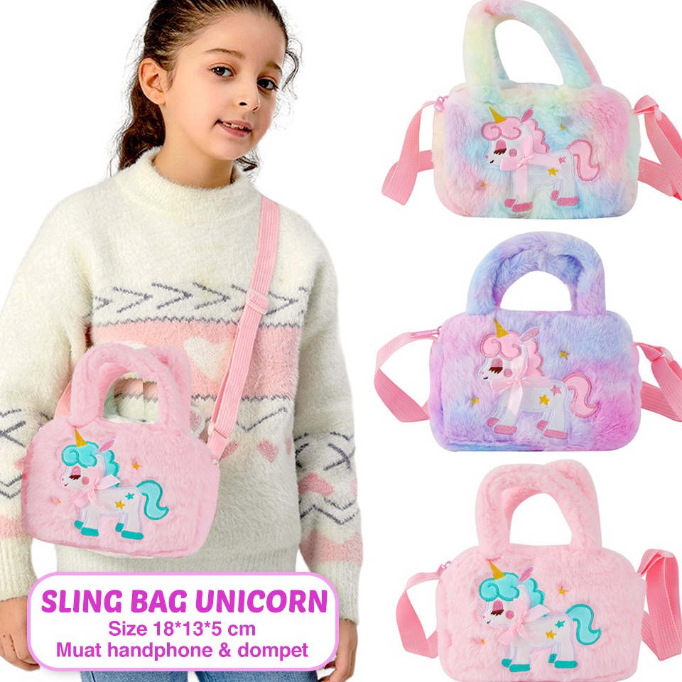 ART P44Q Tas Selempang Anak Perempuan Unicorn Bulu Sling Bag Bulu Unicorn Persegi Anak Paud Tk Ori I