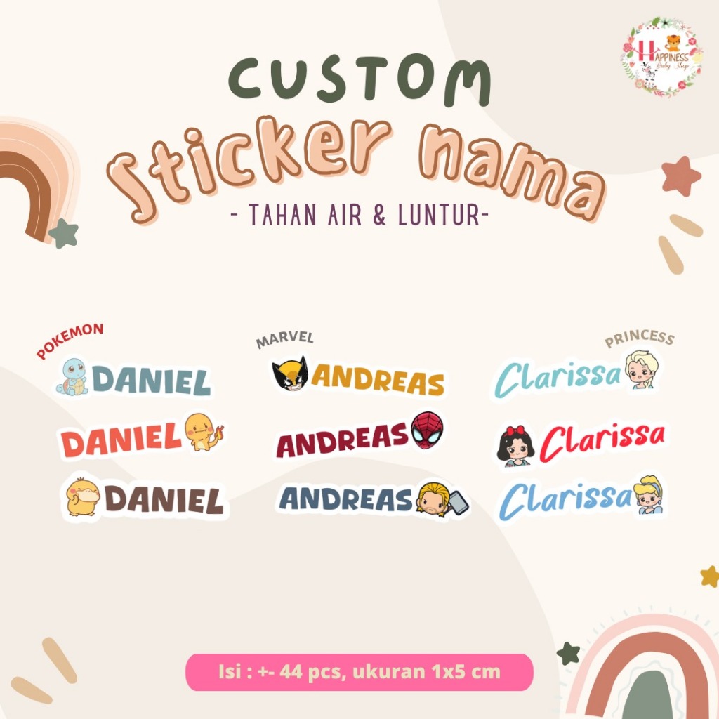 

(ISI 44) Sticker Label Nama Anak / Sticker Custom Nama Karakter / Stiker Set Pack / Stiker Nama Anak Waterproof