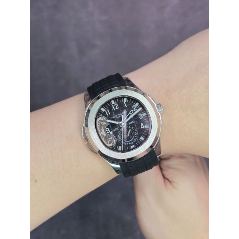 JSP 2087 JAM TANGAN PRIA PATEK PHILIPE AQUANAUT TRAVEL TIME SKELETON BLACK CHRONO RUBBER SUPER PREMI