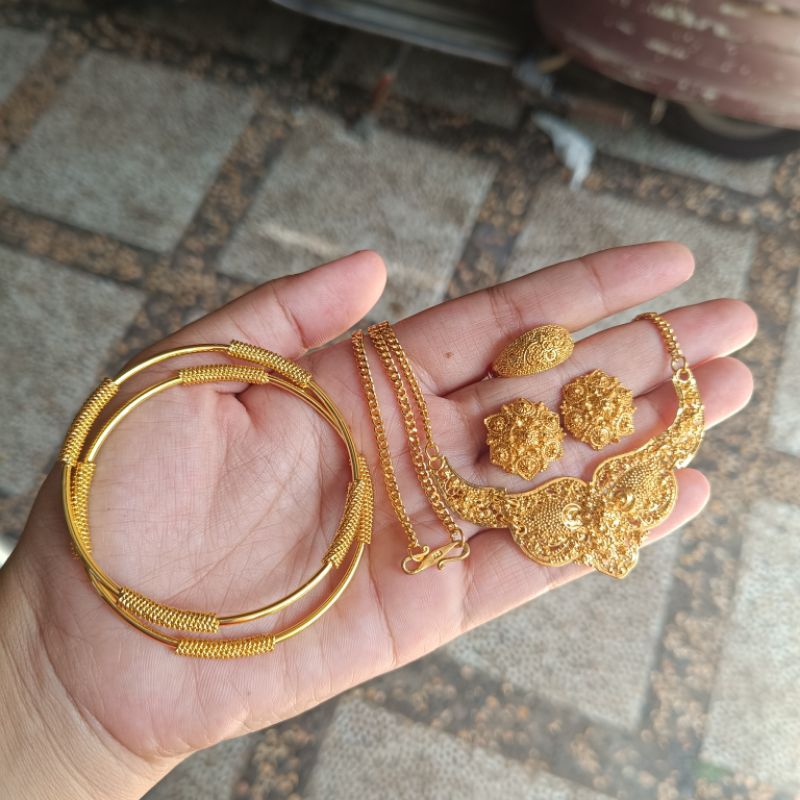 set perhiasan bali (kalung dubai ukir) alpaka lapis emas