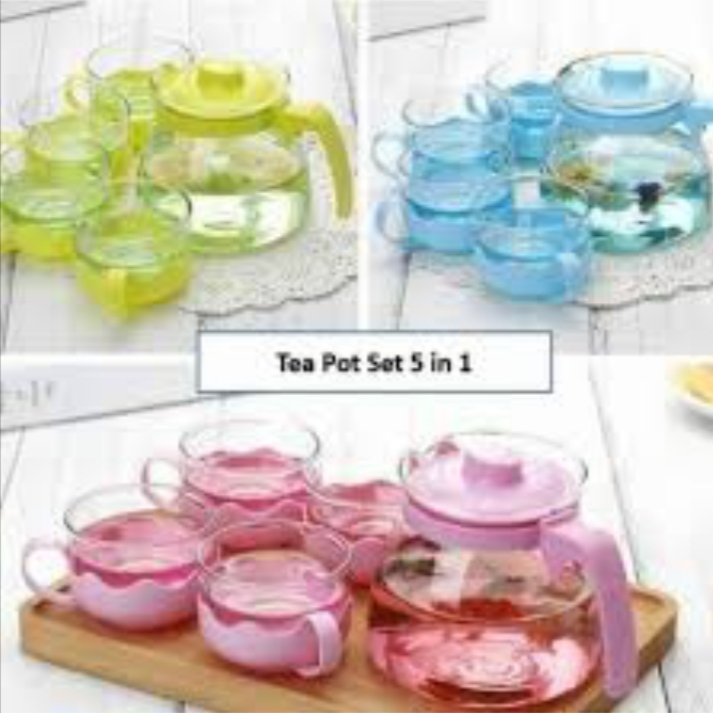 Teapot Tea Pot set Warna 5 in 1 / Teko set Kaca Tebal Bening / Teko Teh Kopi TOP