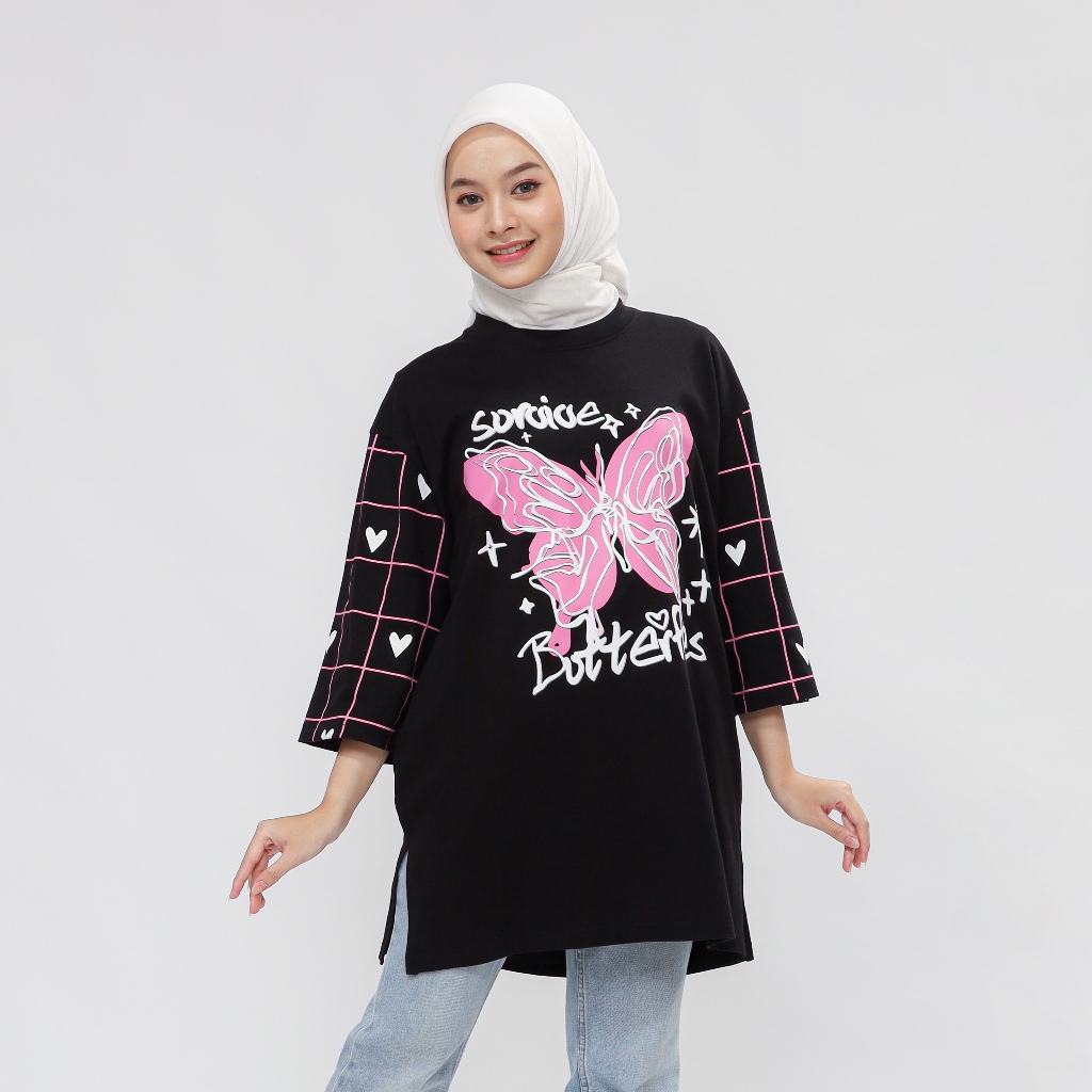 SURVIVE | Tunik kaos oversize wanita lengan 7/8 Butterfly
