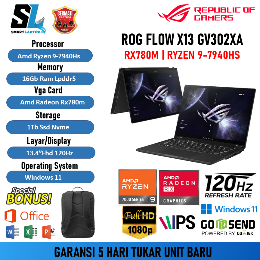 Laptop Gaming 2IN1 Asus Rog Flow X13 Gv302XA Touch Ryzen 9 7940 RX780M/ Ram 16GB 1TB Windows11 13.4Fhd Ips 120Hz