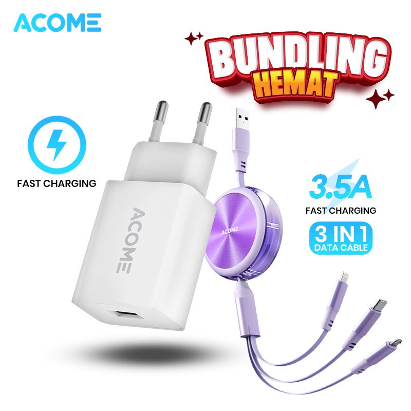 ACOME Special Bundling Charger AC14 Single Port USB Fast Charging 2A Original + ACOME 3 in 1 Retract