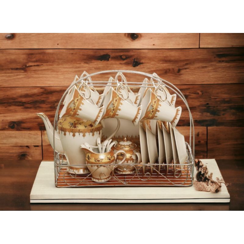 Peralatan minum teh dan kopi Vicenza C59 Coffee set porcelain dengan rak penyangga dari besi, 1 jug 