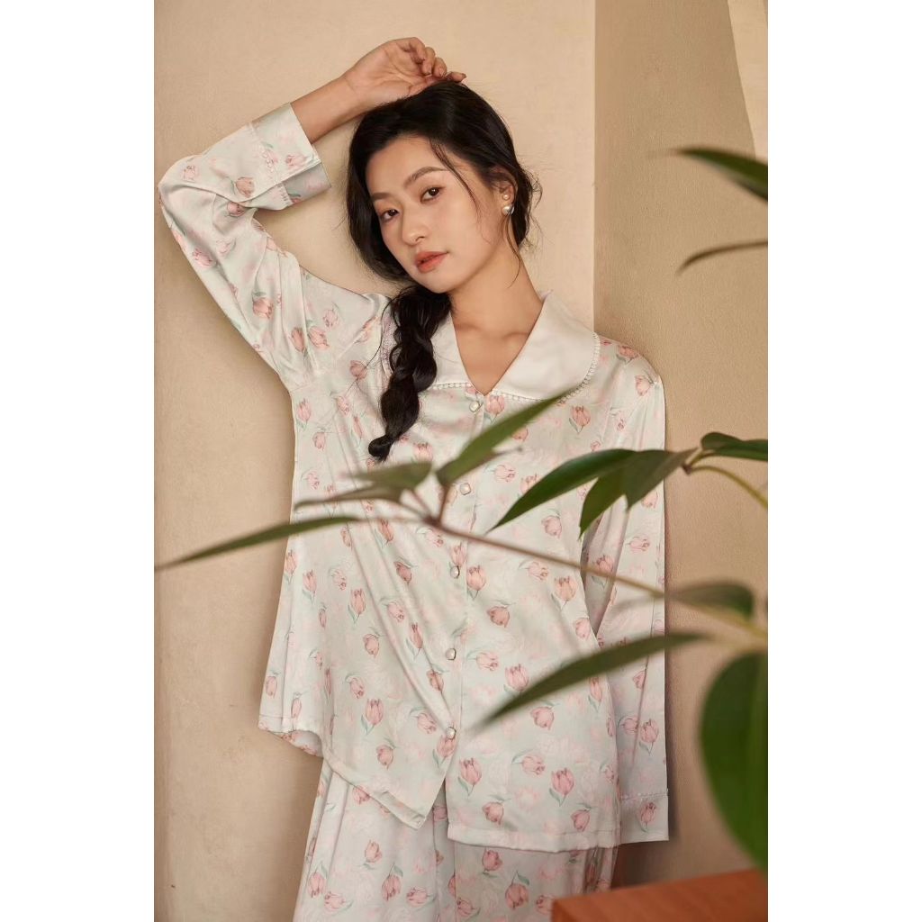 Piyama Satin Lengan Panjang Celana Panjang Motif Bunga Cantik / Baju Tidur Import Piyama Set Premium