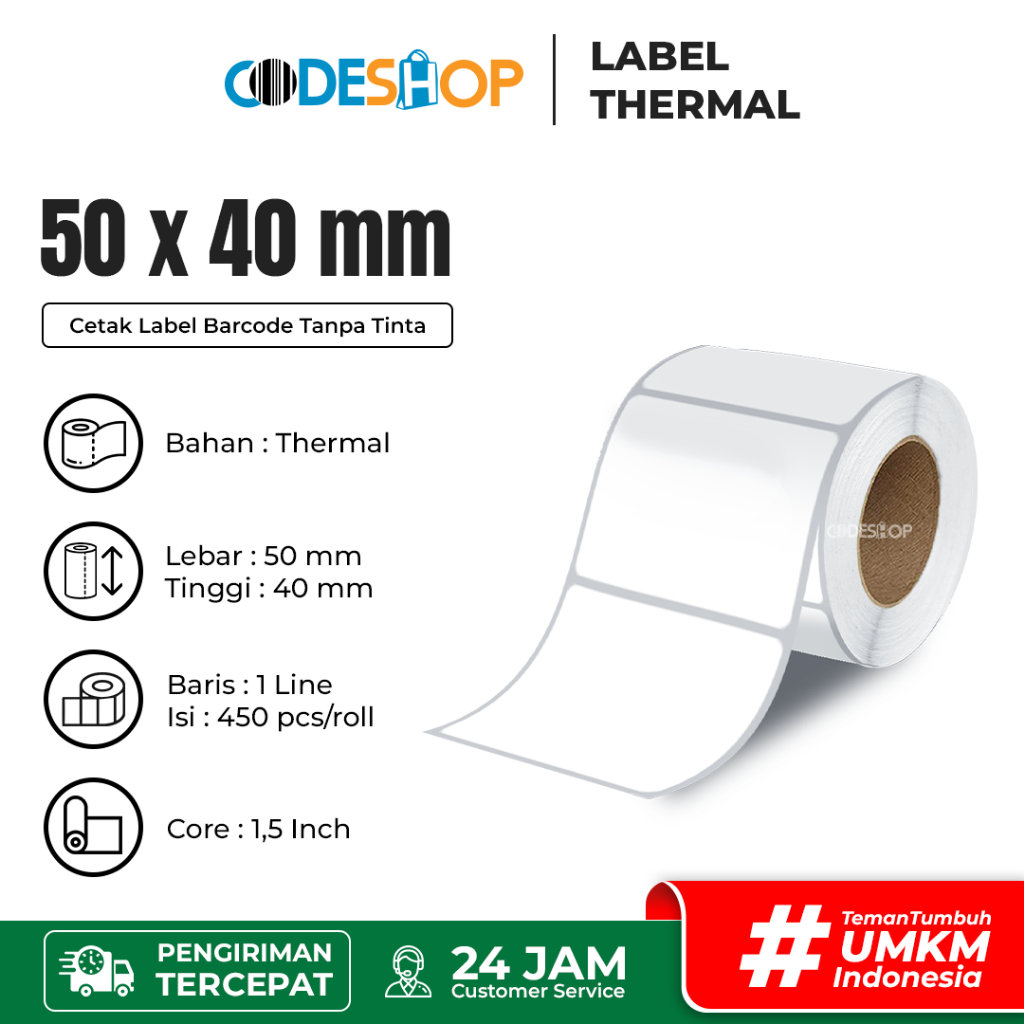 

Label Barcode 50 X 40 mm Kertas Sticker Direct Thermal 50x40 Isi 450 pcs
