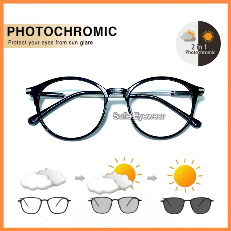 Kacamata Minus Photochromic Pria/Wanita | Frame Kacamata Anti Radiasi | Kacamata Minus Bulat 2801