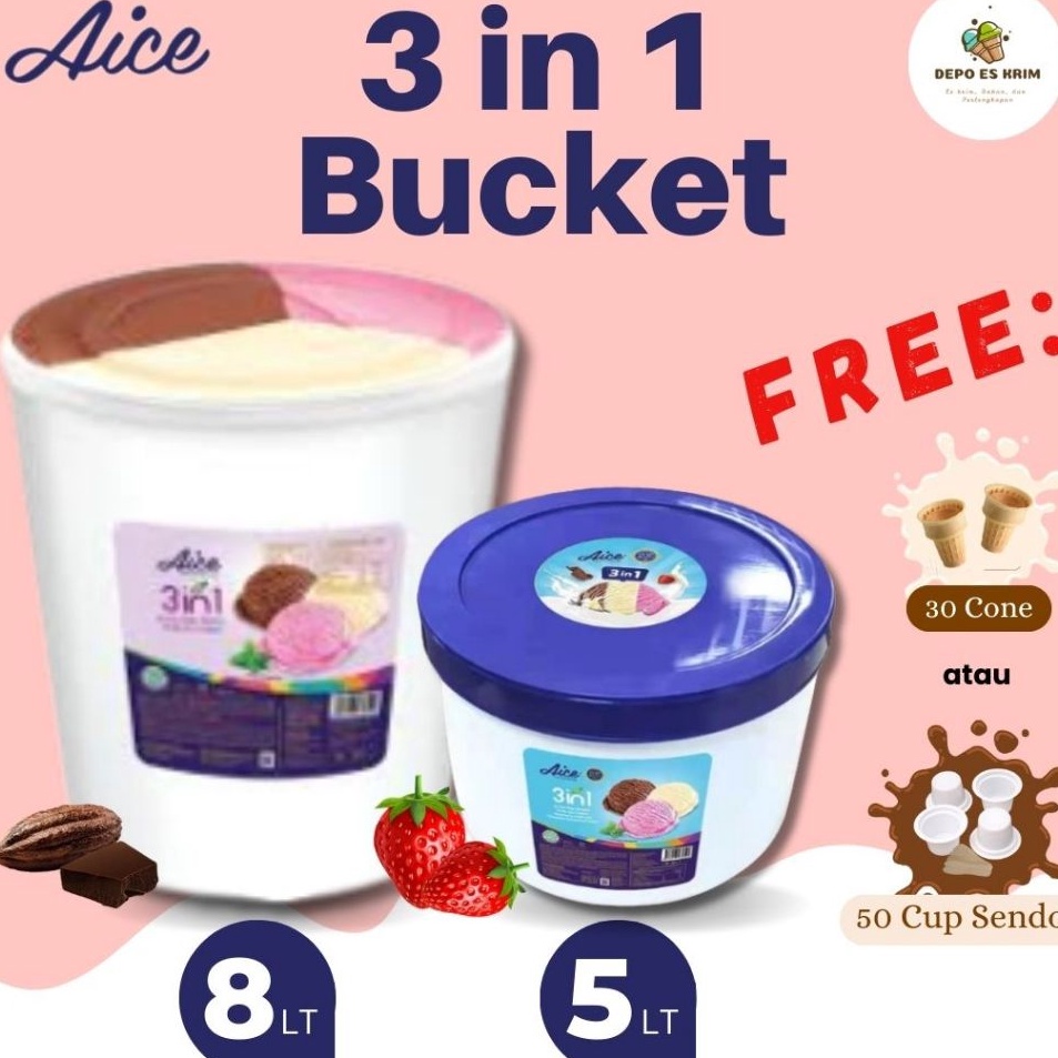 

Stok baru Es Krim AICE Bucket 8 liter 5 liter 3 in 1 Neapolitan Vanilla Coklat Gratis Cone Cup Ready Stock