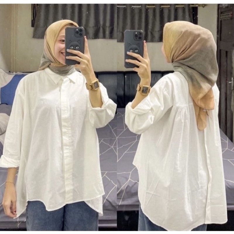 rika blouse premium wanita cewek putih kemeja hem kekinian lengan panjang kancing belakang korean st