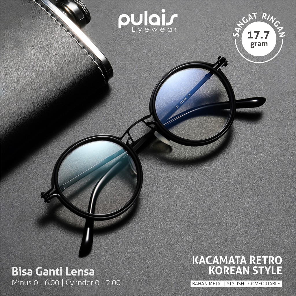 Pulais Eyewear Kacamata Minus Anti Radiasi Blueray Photocromic Bluecromic Bulat TR-90+Metal Unisex S