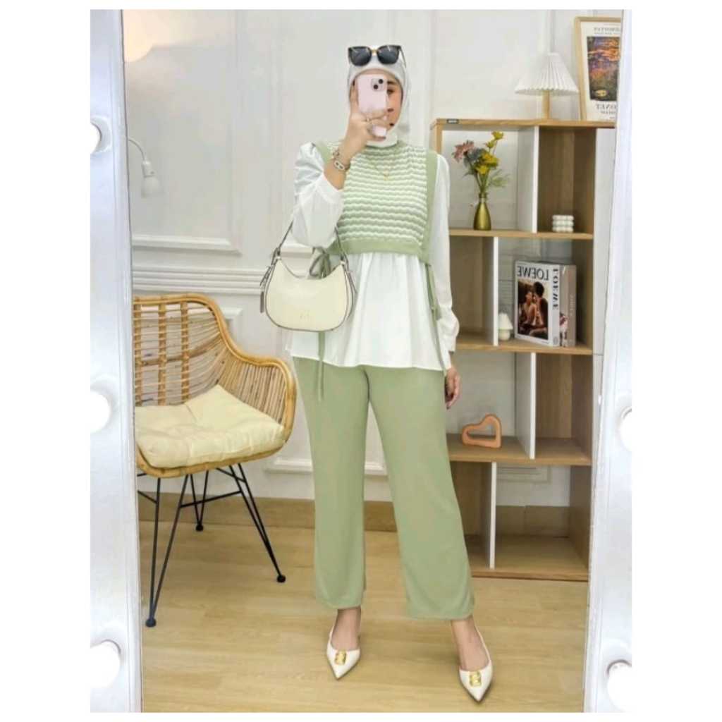 setelan wanita kaos knit rajut kombinasi tali