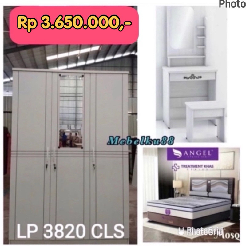 Paket hemat set springbed angel, lemari dan meja rias full putih