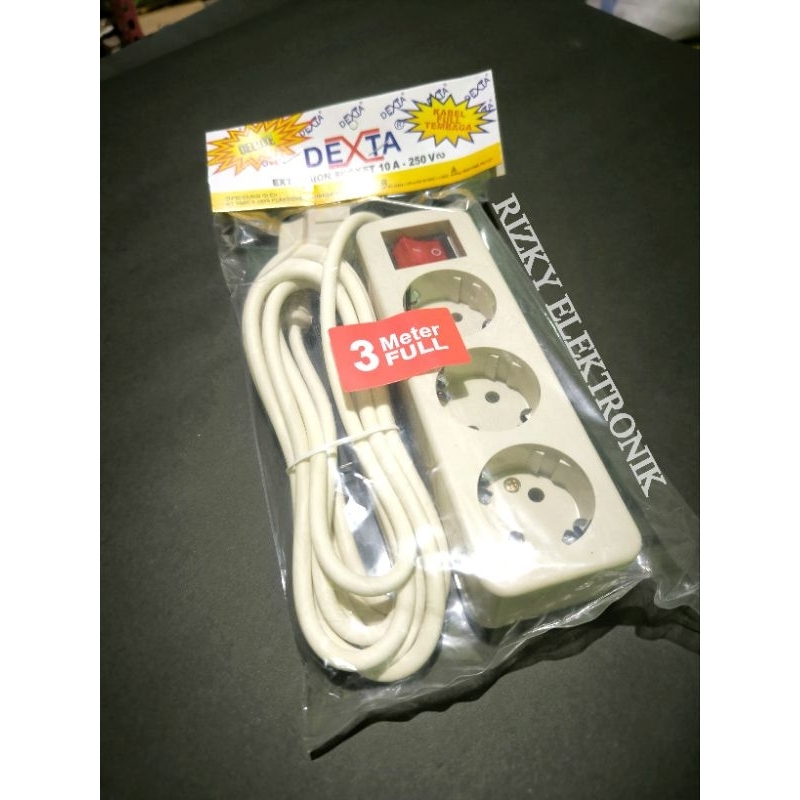 Stop Kontak Arde 3 Lubang Deluxe + Saklar + Kabel 3 Meter Full DEXTA