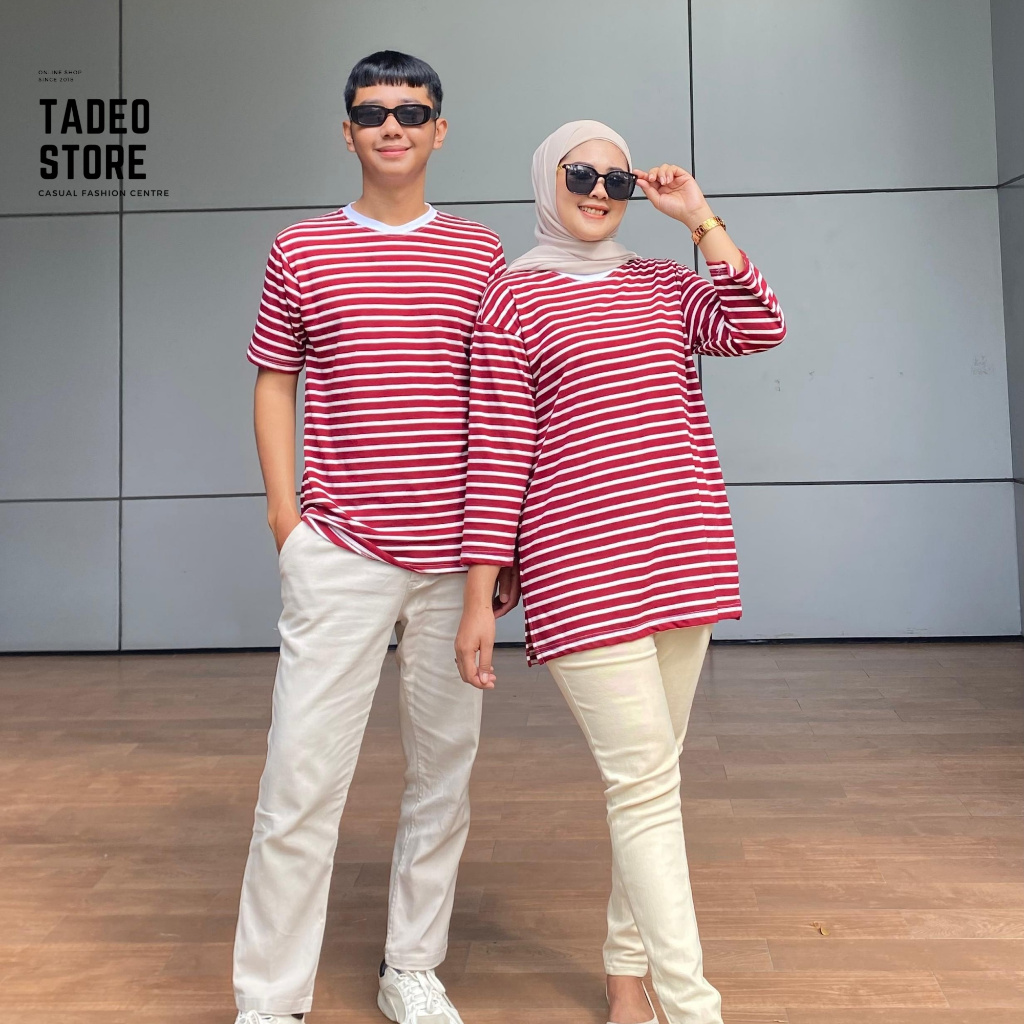 Baju Striped Couple Pasangan Belang garis Kecil Aldira Kaos Kapelan Oversize 7 8 Salur Warna Maroon