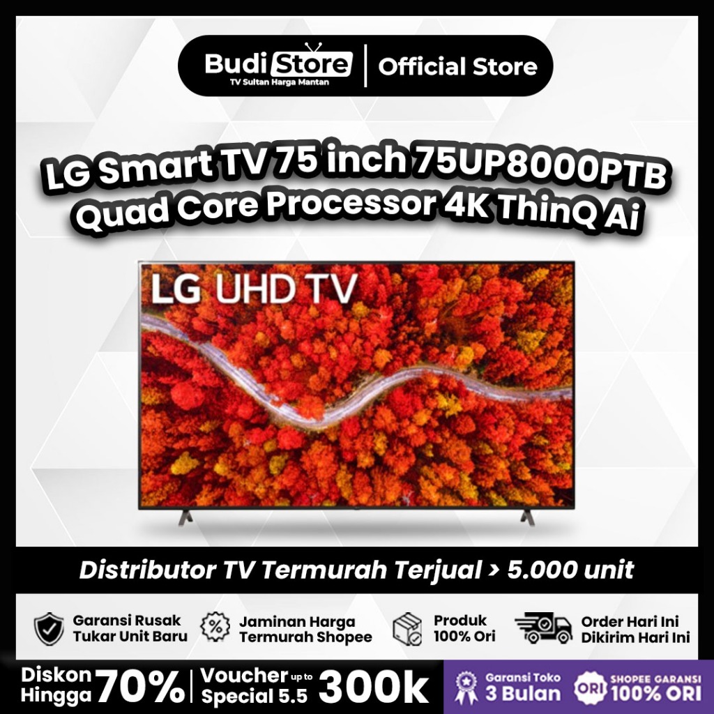 [KHUSUS LUAR JABODETABEK] LG SMART TV 75 Inch 75UP8000PTB 100% Original LG TV - Budi Store Official