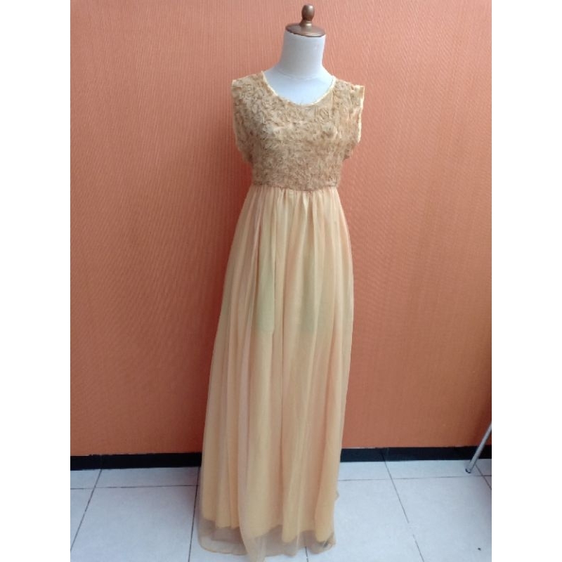 GAUN maxi long dress wanita kuning SAQILA cewek L kutung cute bisa utk maternity