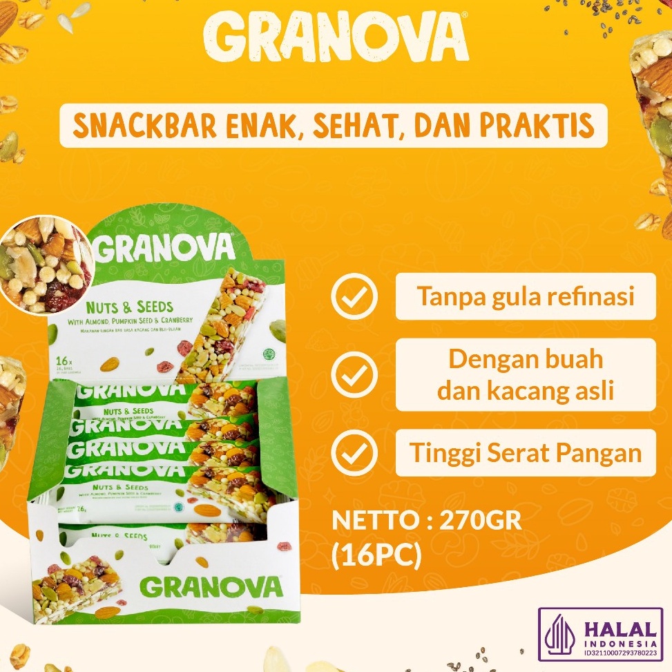 

Baru Granova Snackbar Nuts Seeds 26gr x 16 pcs Rasa Original Cemilan Sehat Gandum Halal