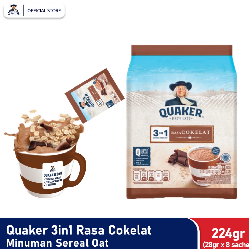 

Masih fresh Quaker 3in1 Chocolate Polybag 224g Minuman Sereal Oats Isi 8 sachet