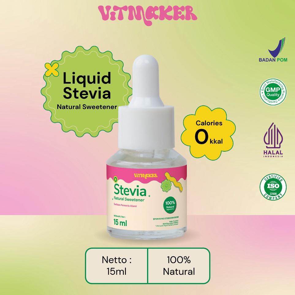 

Super Hits Vitmaker Liquid Stevia Pemanis Alami pengganti gula dengan calorie HALAL dan BPOM 15ML