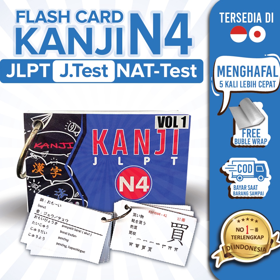 Flashcard KANJI JLPT N4 VOLUME 1  NATTest JTest Kamus Belajar dan Menghafal Cepat Bahasa Jepang Kart