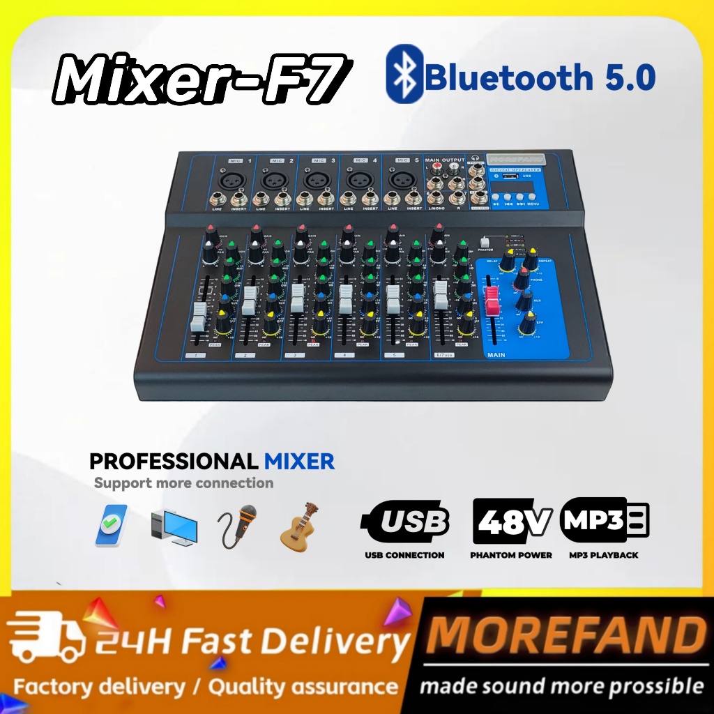 Morefand MIIXER-F7 mixer audio Morefand mixer bekas murah  Audio MIXER USB/Electro Bluetooth 4 Channel mendukung penyetelan mobil 12V Catu daya seluler Kartu suara komputer  ponsel USB Bluetooth Mencampur