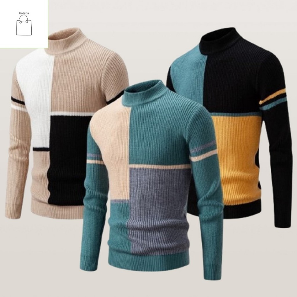 Rajut Pria Kombinasi Kotak Jaket Rajut Pria Sweater Kasual Bahan Berkualitas Premium Korea kekinian