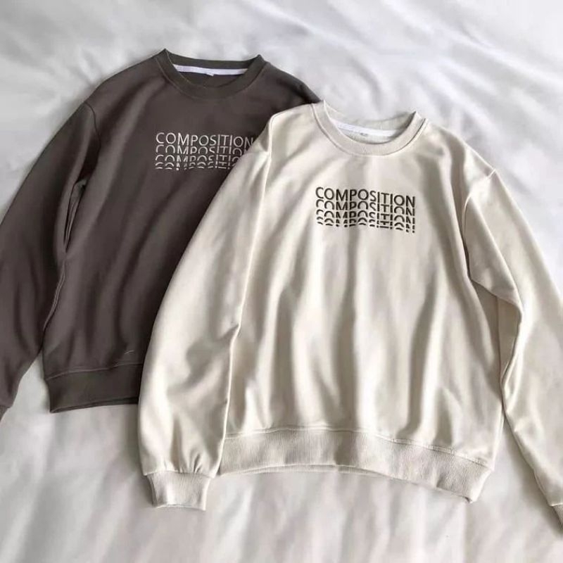 SWEATER CREWNECK COUPLE CEWEK COWOK COMPOSITION BAHAN FLEECE  SWITER MURAH OVERSIZE MOTIF TULISAN AT