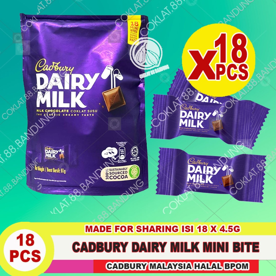 

CADBURY SHAREBAG 81GR ISI 18 PCS MALAYSIA CADBURY DAIRY MILK SHAREBAG 81 GRAM