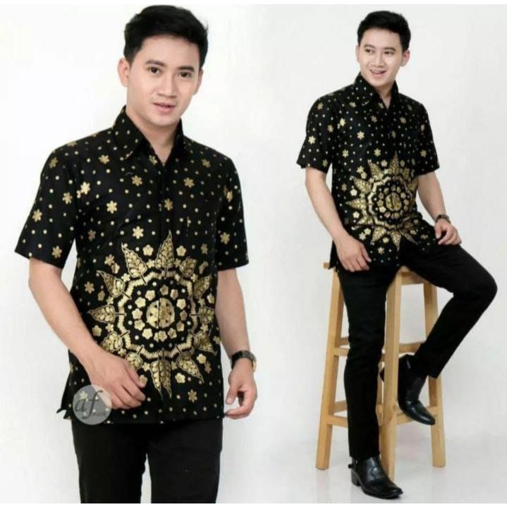 Hem Batik Pria Lengan Pendek - Motif Bunga Roda Kuning - Warna Hitam Kuning Coklat