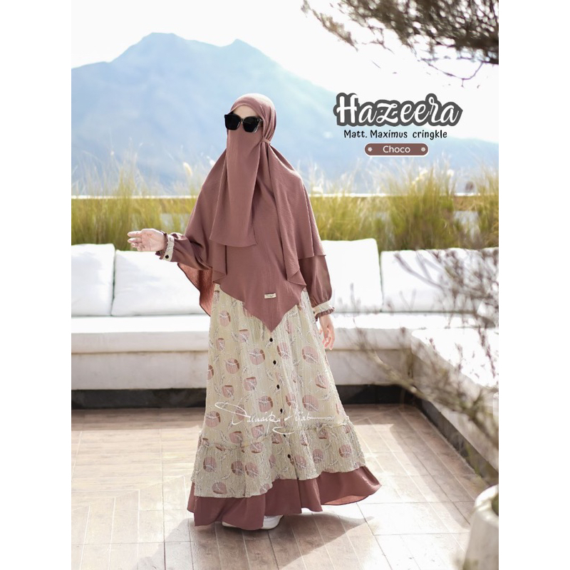 Hazeera damaira hijab gamis motif set crinkle maximus