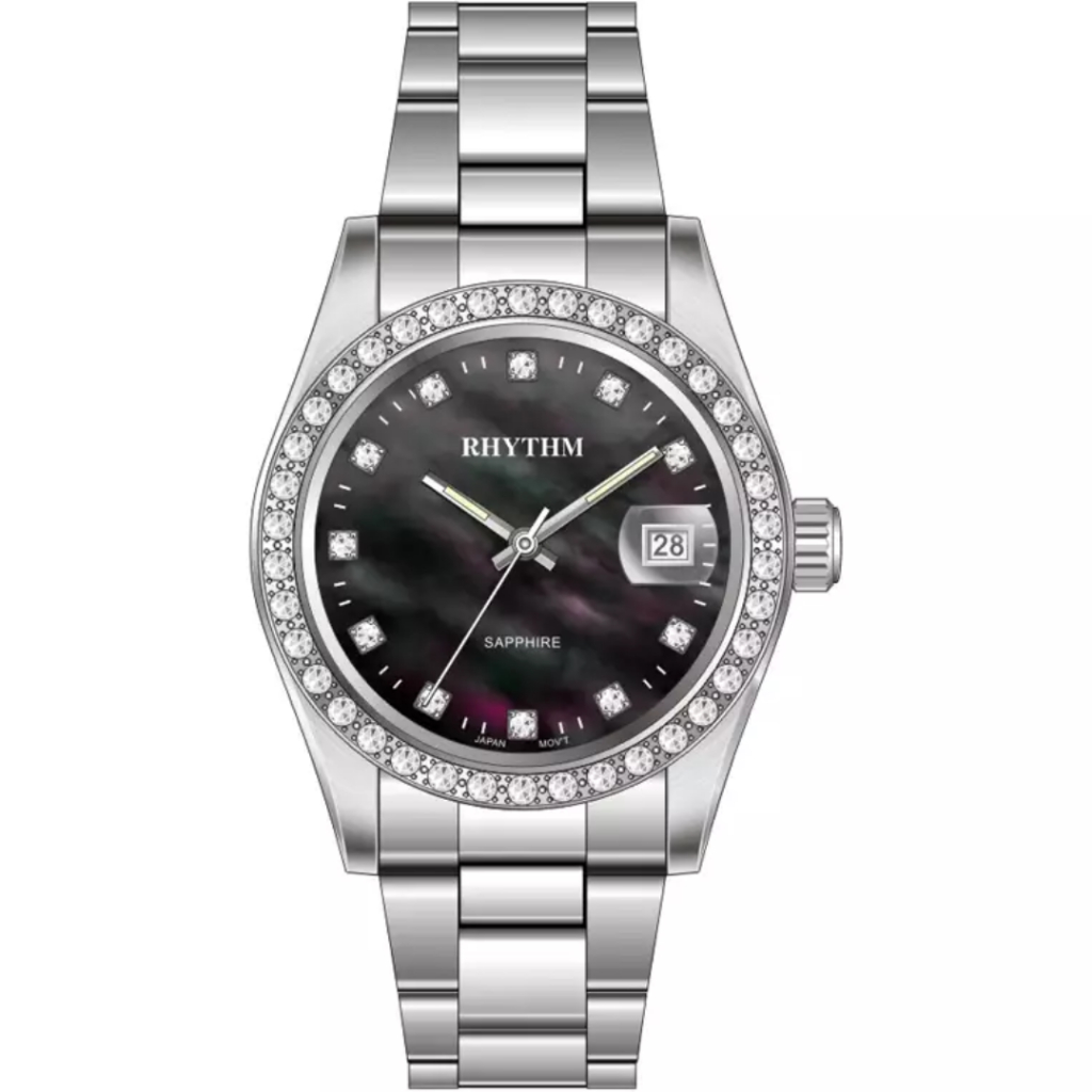 JAM TANGAN WANITA RHYTHM RQ1619S02 RQ1619 S02 ANALOG SILVER BLACK STAINLESS STRAP