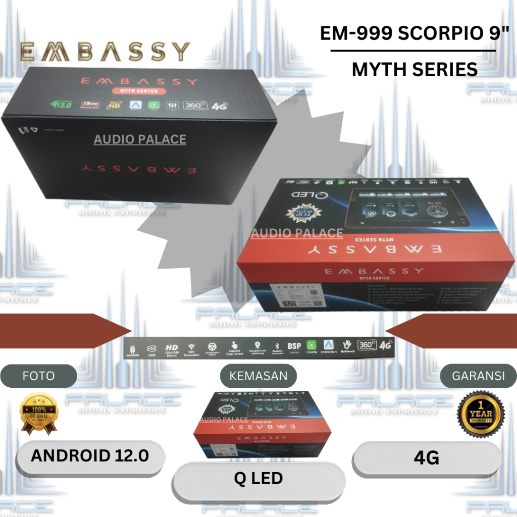 Head unit mobil android 12.0 4G embassy 9 inch scorpio EM 999 Q LED MYTH SERIES