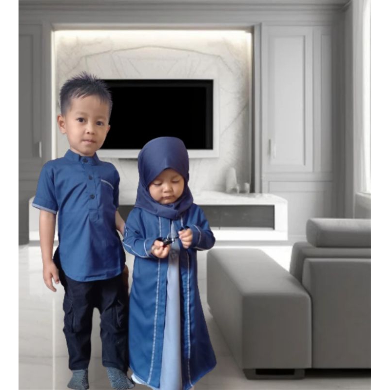 Baju Sarimbit Keluarga Cuople Lebaran Bahan Toyobo Koko dan Abaya Gamis Anak - Dewasa Warna Denim Na