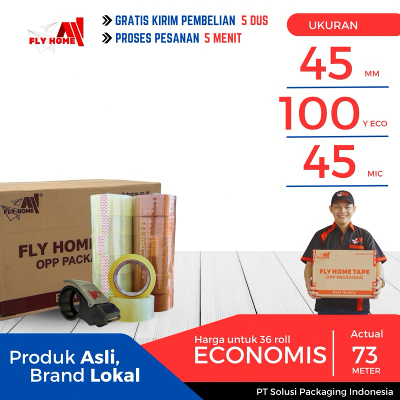 

FLYHOME Lakban bening 100 yard 2inchi 1/2 dus 45mm x 100yard 36 roll ECO