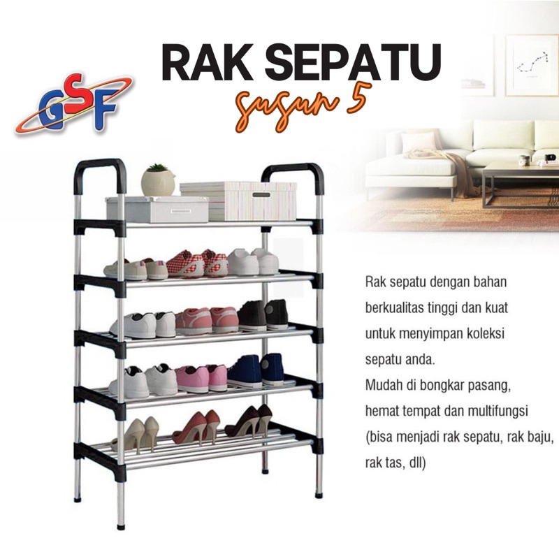 Rak Sepatu Portable 5 Tingkat Rak Sepatu GSF Susun 5 Tempat Sepatu Sandal 5 Susun Rangka Besi & Plas