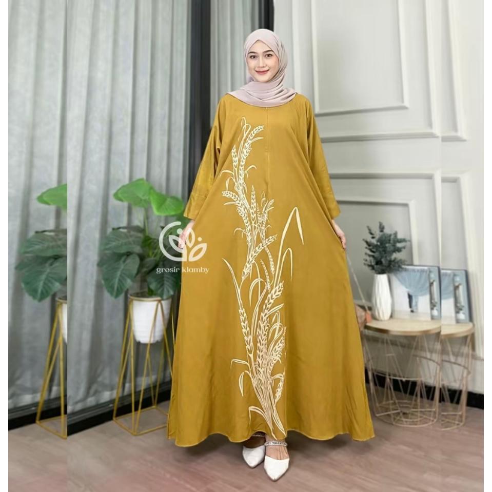 Kaftan Wanita - Daunda Kaftan Size Jumbo XXXXL Motif Daun Lengan Panjang Busui Resleting by Nadira_Fashion / Gamis Rayon Jumbo Kaftan Terbaru-padi yellow