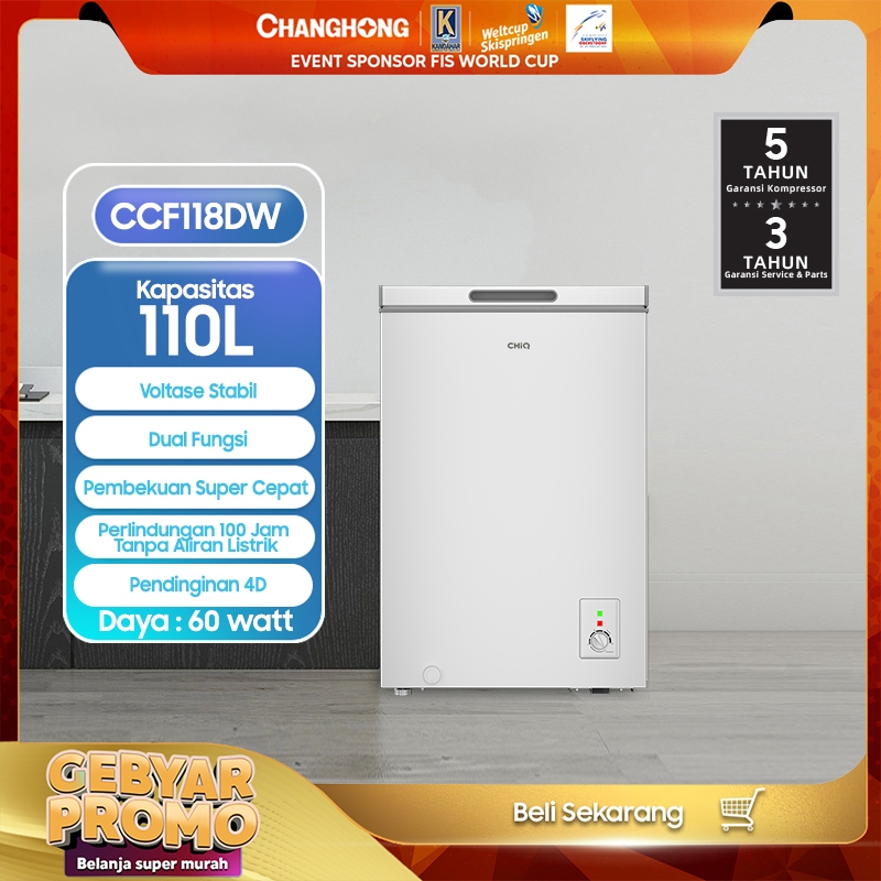 CHiQ Chest freezer ccf 118dw Kapasitas 110 Liter (Fast Freezing) (Design Look Minimalis) ( Big Capacity) (Voltase Yang Stabil) (Perlindungan Tanpa Listrik) (Perlindungan Tanpa Listrik) (Chest Freezer Untuk Menyimpan ASI) (Chest Freezer Hemat Listrik)