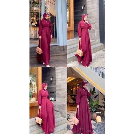 Gamis Maxy Ceruti Kondangan Lebaran Raya Merah Marun Polos Simpel Cantik Terbaru 2024 XXL XXXL 5L 4X