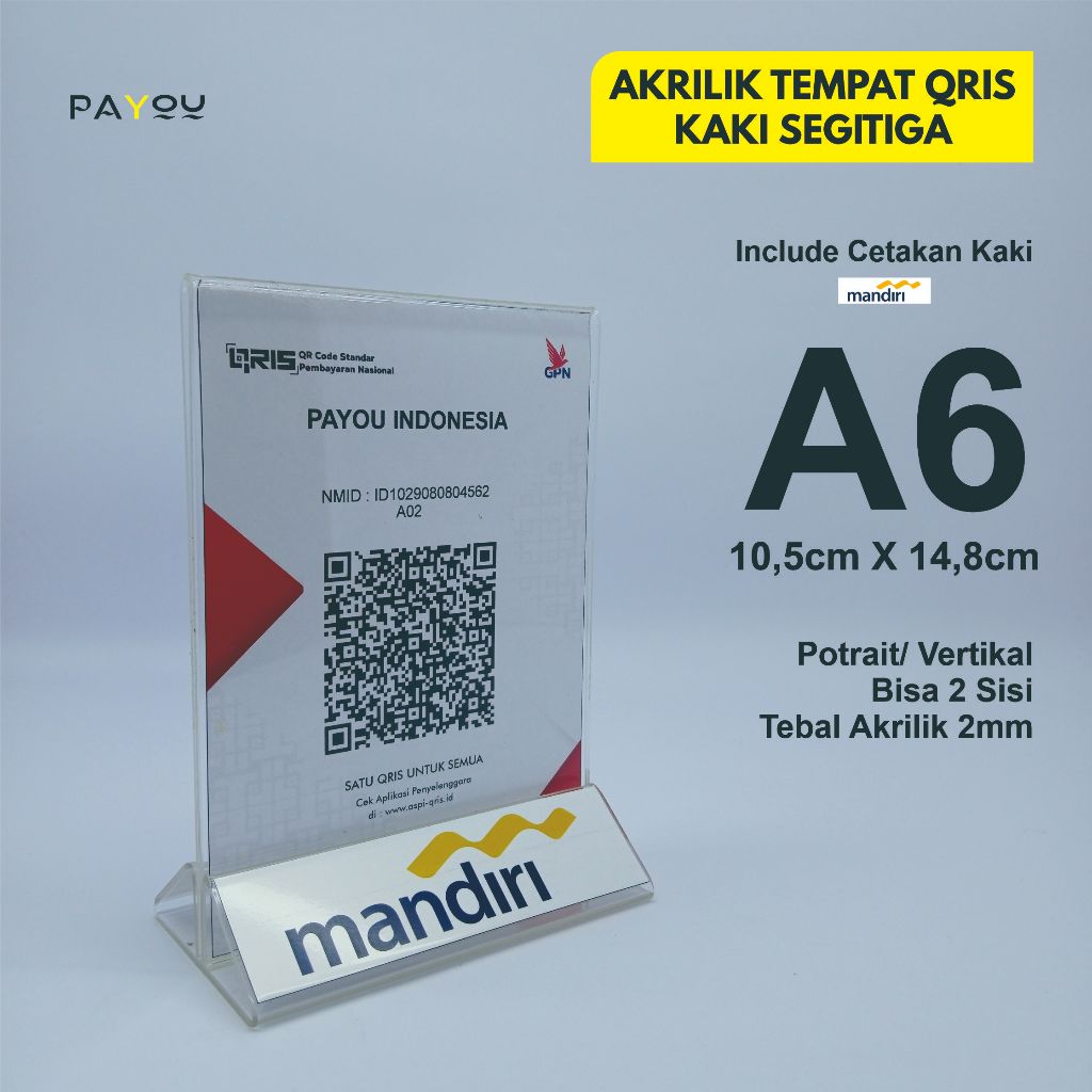 

Akrilik Tempat QRIS/ Barcode A6 2mm Kaki Segitiga Logo MANDIRI