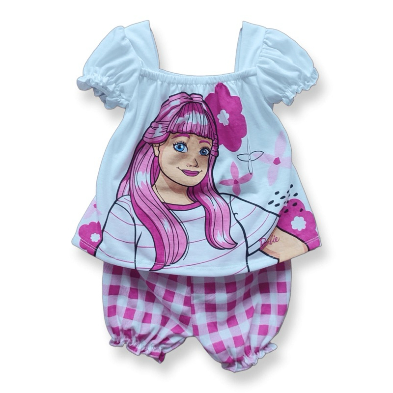 JRstore - setelan anak bayi perempuan dengan celana susun lipat gambar barbie DVD