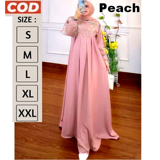 Gamis Dress Maksi Brukat Kondangan Lebaran Salem Peach Dasti Polos Simpel Jumbo XXL XXXL 2XL XL LD 1