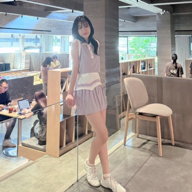 BTS set. Sleeveless polo m t-shirt purple skort. kaos polo rok celana ungu cantik, baju golf, baju t