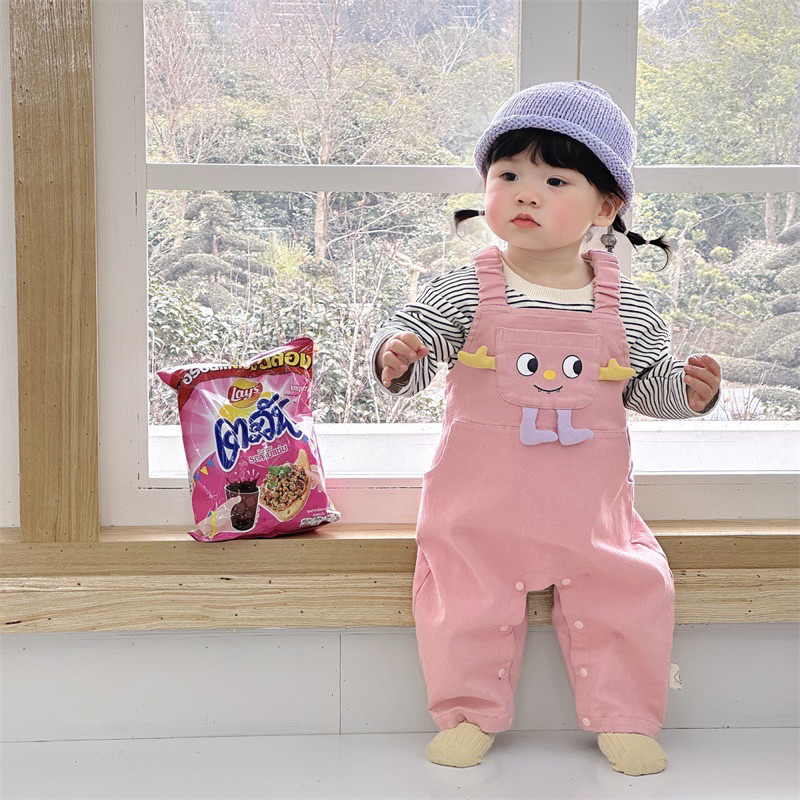 Smiley Side Eye Baby & Kids Pink Overall | size 6-36m | pakaian baju jumpsuit celana kodok denim jea