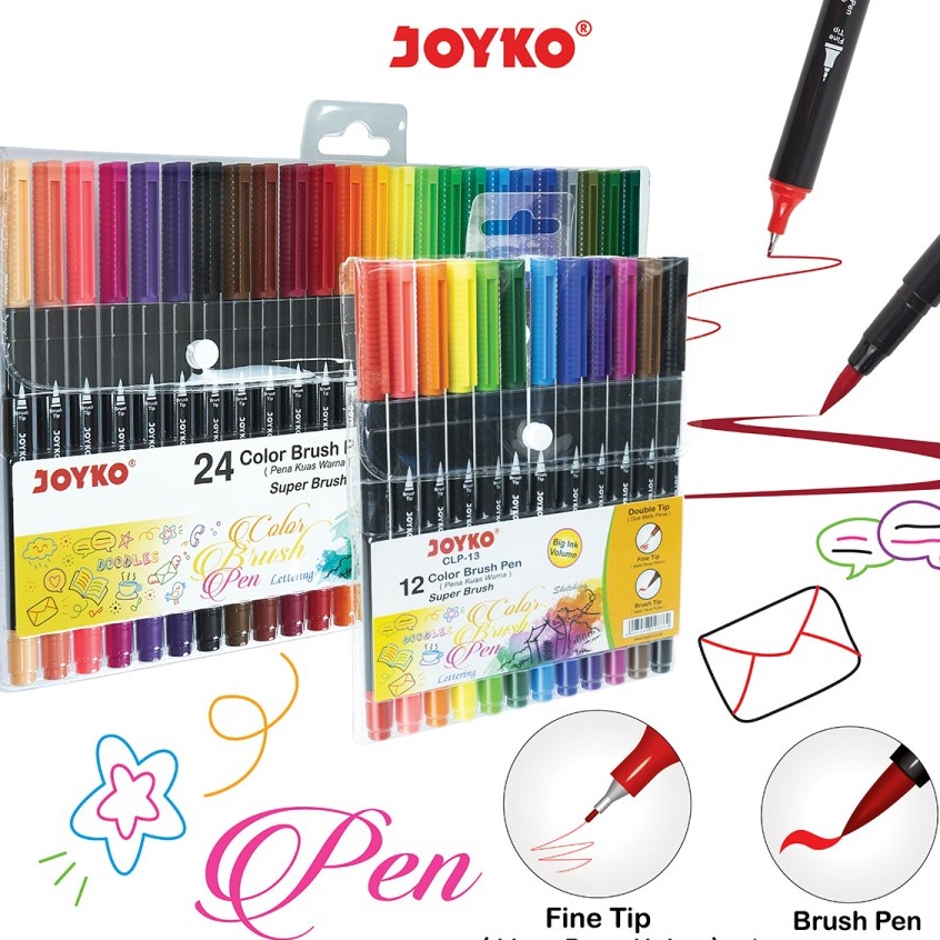 

KODE U2U3 Super Brush Pen Joyko CLP13 12 Colors CLP13A 24 Colors Double Tip Fine Brush Tip