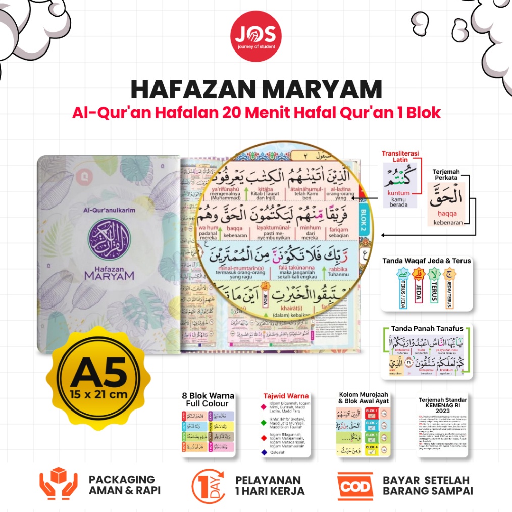 ART J1A Al Quran Wanita Hafazan Maryam Terjemah dan Transliterasi Latin Per Kata Alquran 3 Juz Cover Kain